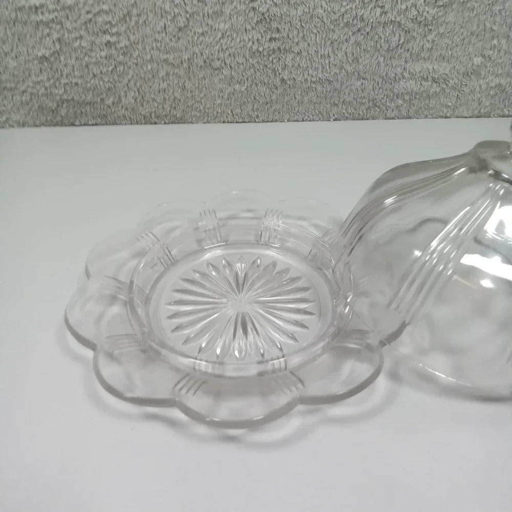Vintage Clear‎ Pressed Glass Round Butter Dish Scalloped Starburst Dome Lid 7.5